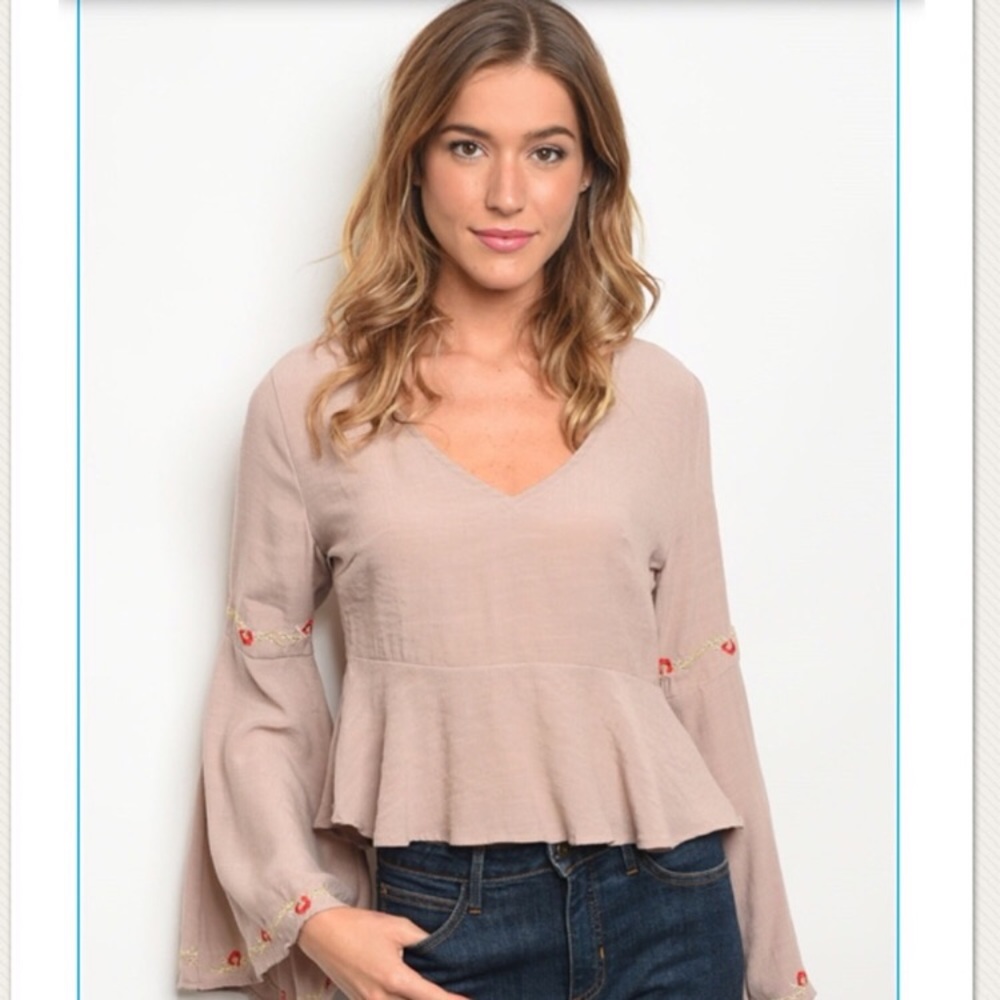🎁taupe floral bell sleeve top M - Picture 2 of 8